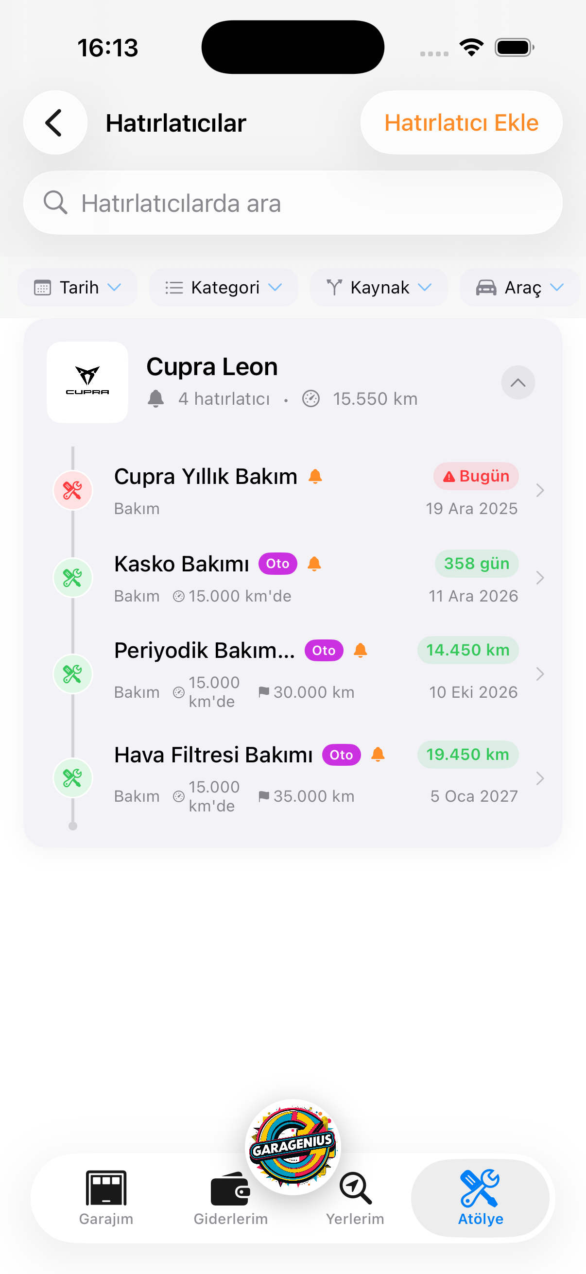 Hatırlatıcılar ekranı